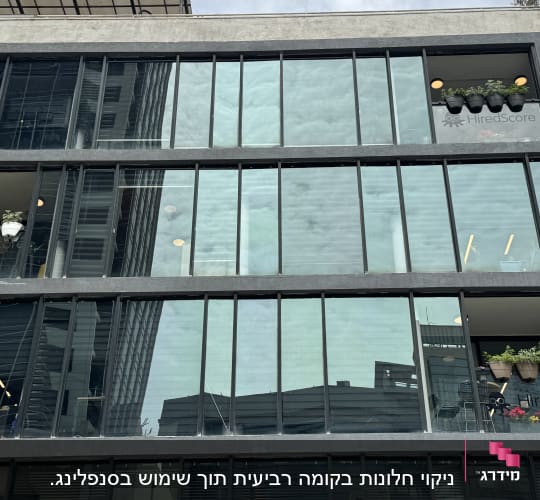 עציצים תלויים על מרפסת בניין משרדים